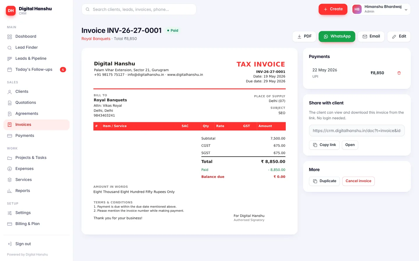 Digital Hanshu CRM – GST invoice
