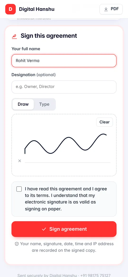 Client signing an agreement on phone in Digital Hanshu CRM